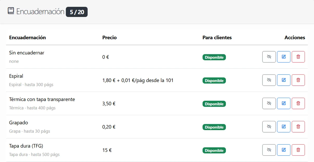 La lista de encuadernaciones con su precio; la espiral cuesta 1,80 € más 0,01 € por página desde la 101.
