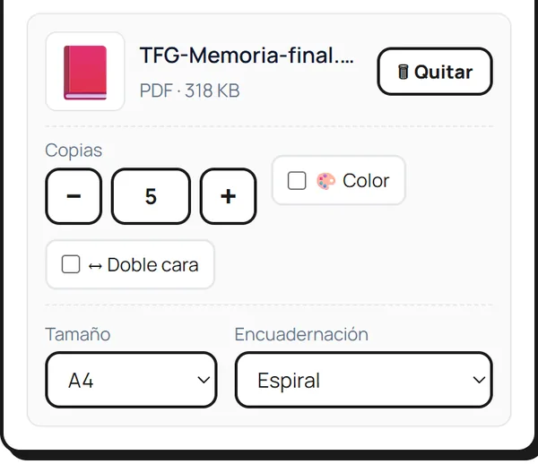 Un PDF subido desde el móvil, con las opciones de copias, color, doble cara, tamaño y encuadernación.