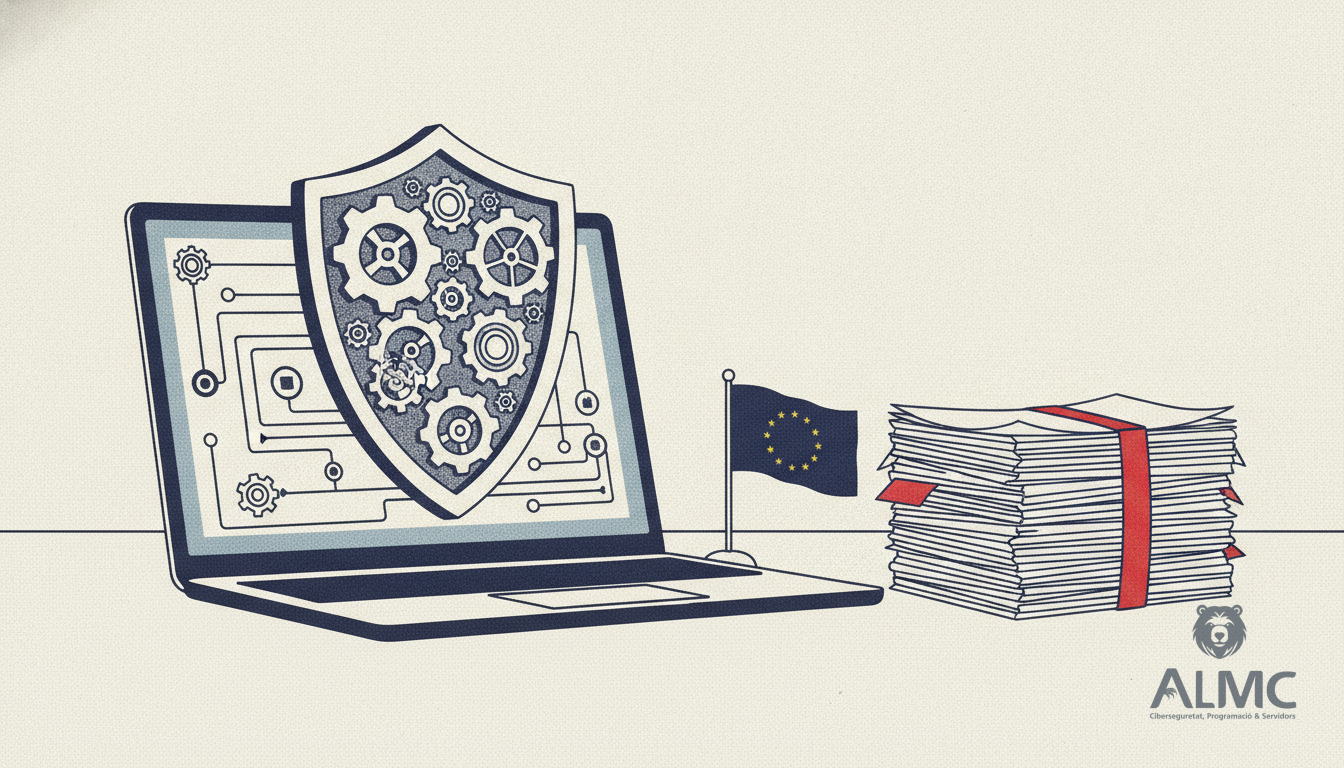 Laptop with compliance flowchart and EU flag on office desk