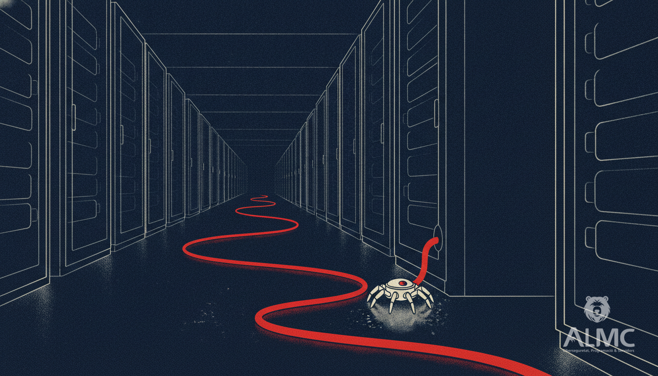 Illustration of a dormant spider-like device under a server rack connected by a glowing cable