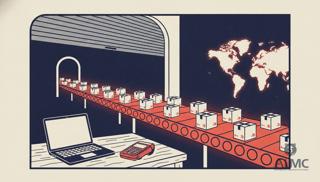 Small shop shutter opening onto a conveyor of parcels heading out to an open horizon, with a laptop on the counter