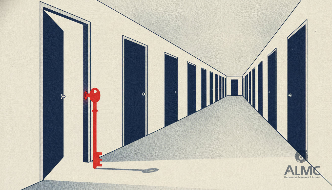 A door left ajar with a key in the lock, illustrating an authentication bypass in a WordPress plugin