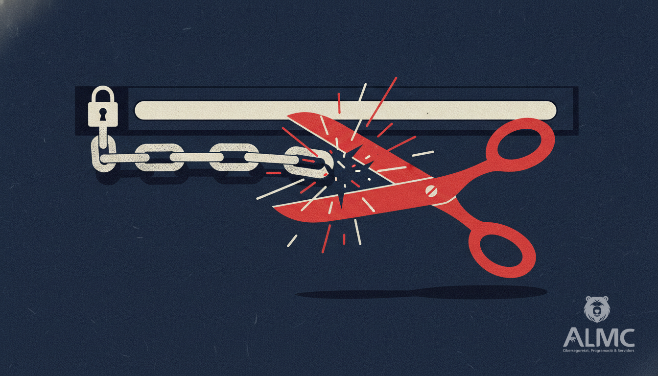 Digital scissors cutting a chain attached to a browser padlock, symbolizing a security patch