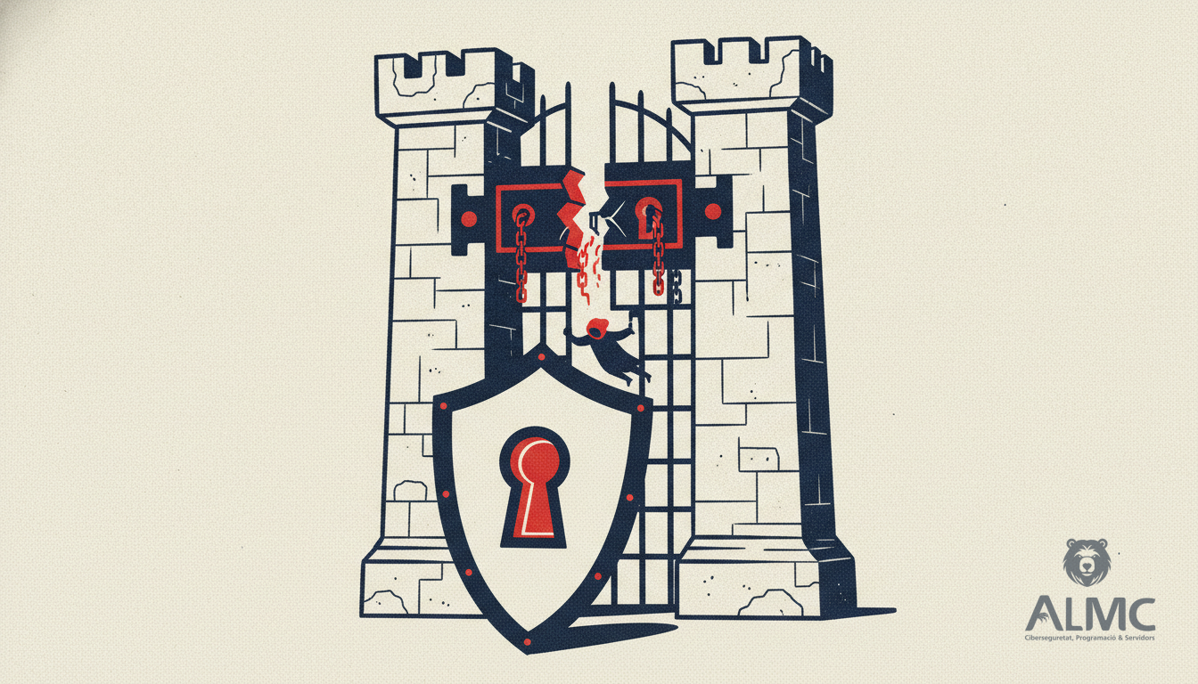 Hooded figure bypassing a broken lock on a castle gate with a shield and keyhole