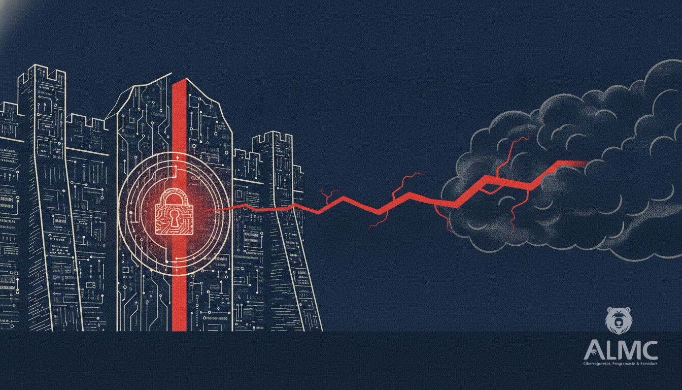 Digital fortress gate with shield and approaching storm cloud
