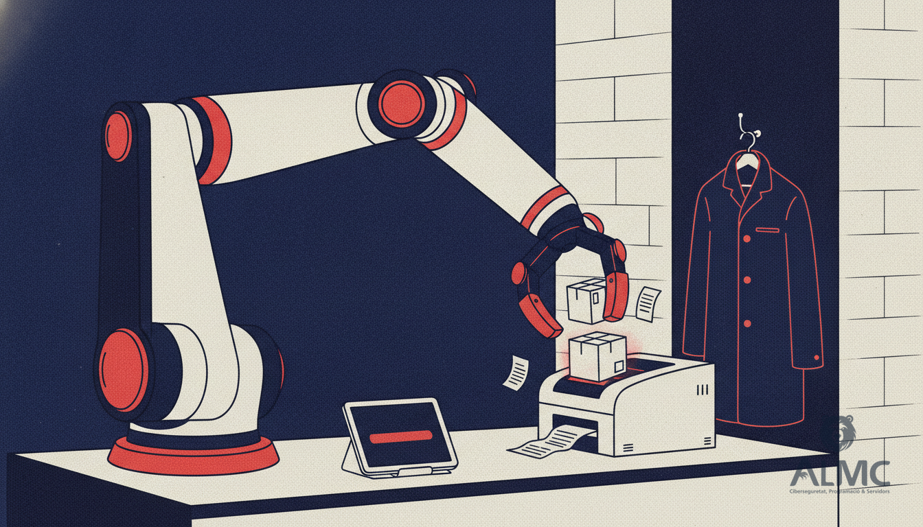 Robotic arm preparing parcels behind the counter of a small online shop at night
