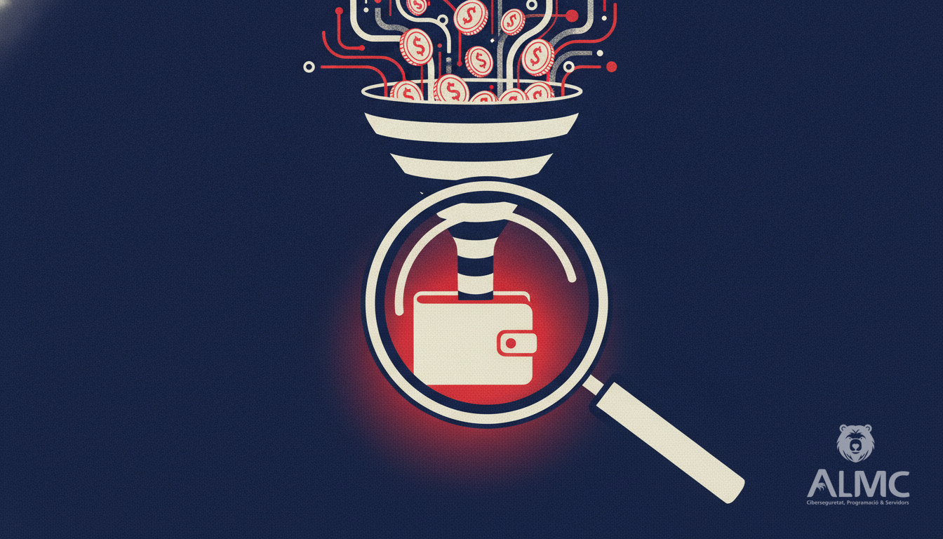Magnifying glass over a glowing wallet with coins flowing into a funnel