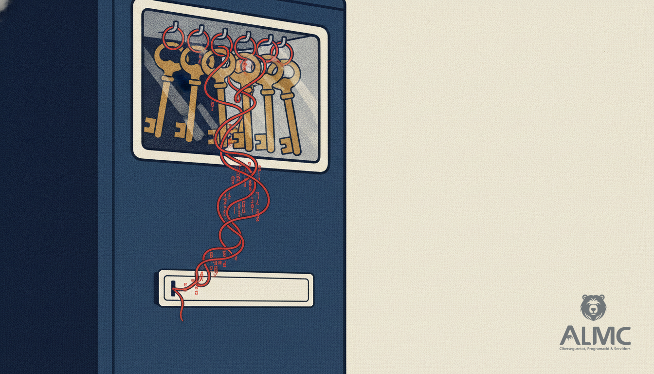 A comment box feeding a chain of encoded data into the locked internals of a website database cabinet