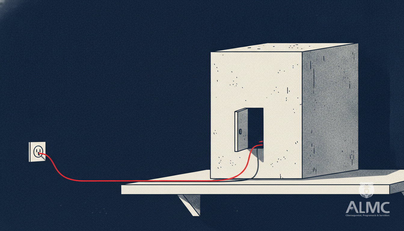 A media server appliance with a cable slipping out through an open side panel towards an external socket