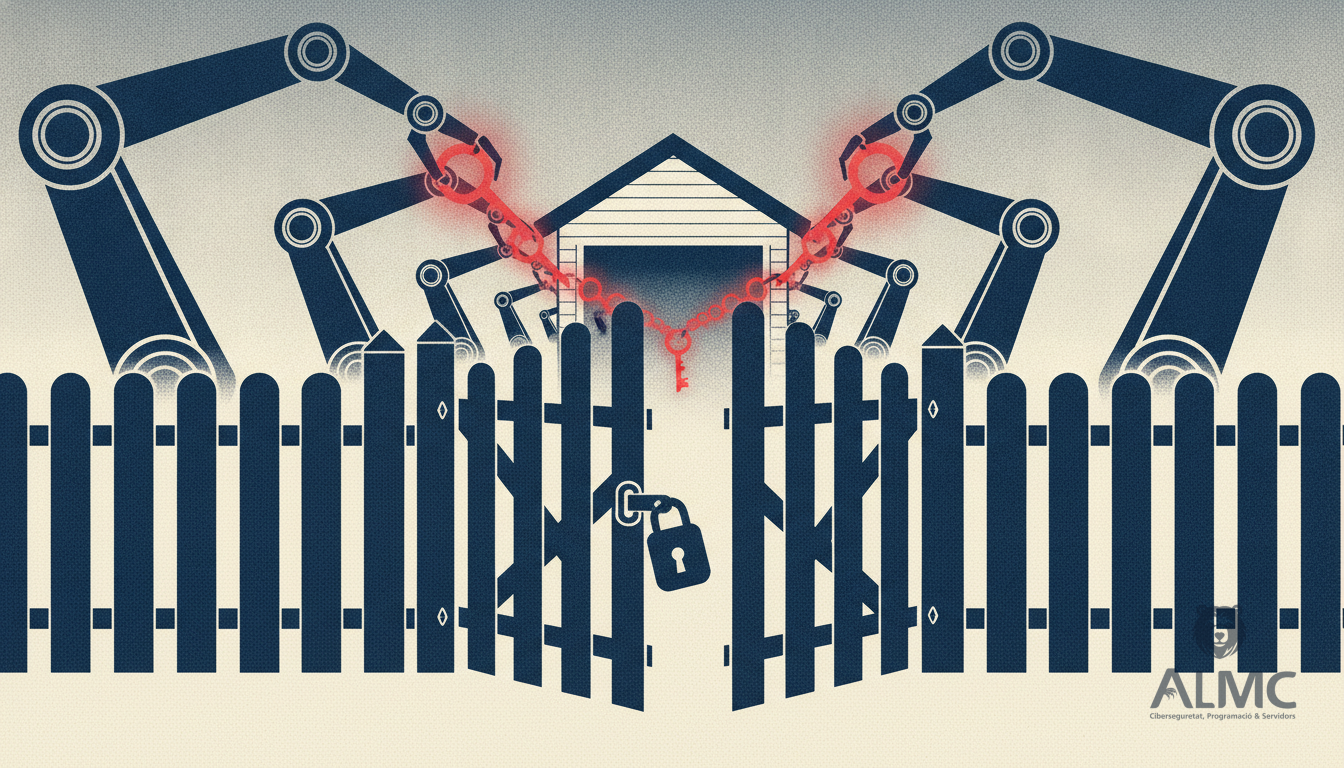 An open gate in a fence with robotic arms reaching through to take glowing keys from a shed