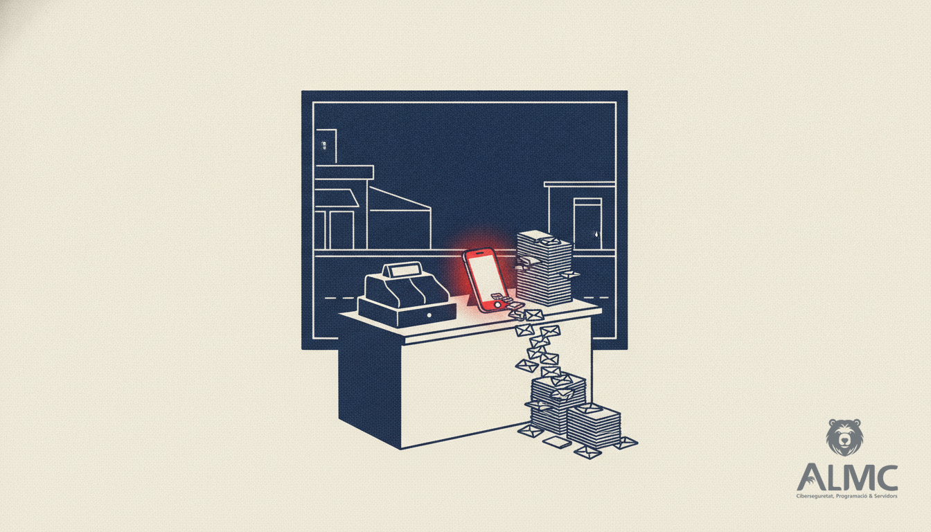 Smartphone on a shop counter at night releasing a stream of message envelopes, representing an AI chatbot answering customers 24/7