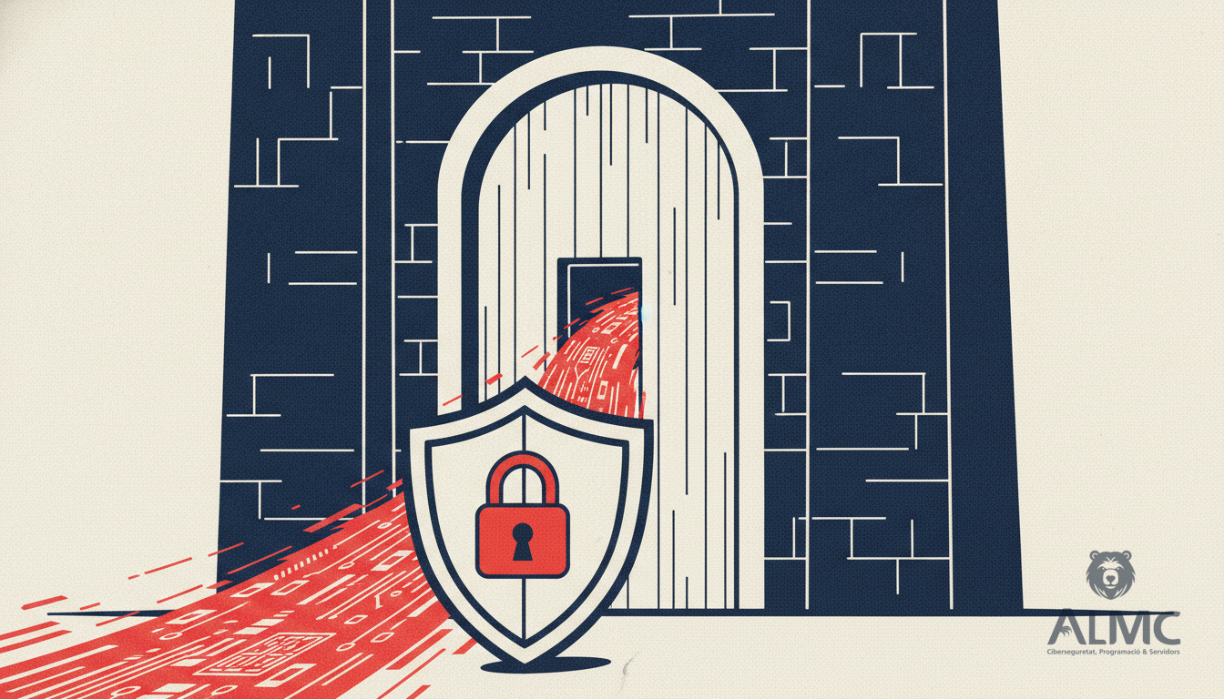 Castle gate with trapdoor leaking digital data, protected by a shield with padlock