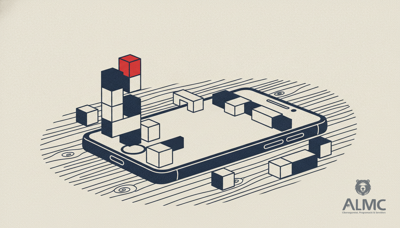 Móvil sobre una mesa junto a bloques de construcción que representan el desarrollo de una app a medida