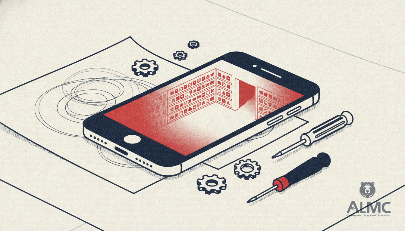 Móvil sobre una mesa de trabajo con engranajes, un plano y herramientas que representan el desarrollo de una app a medida