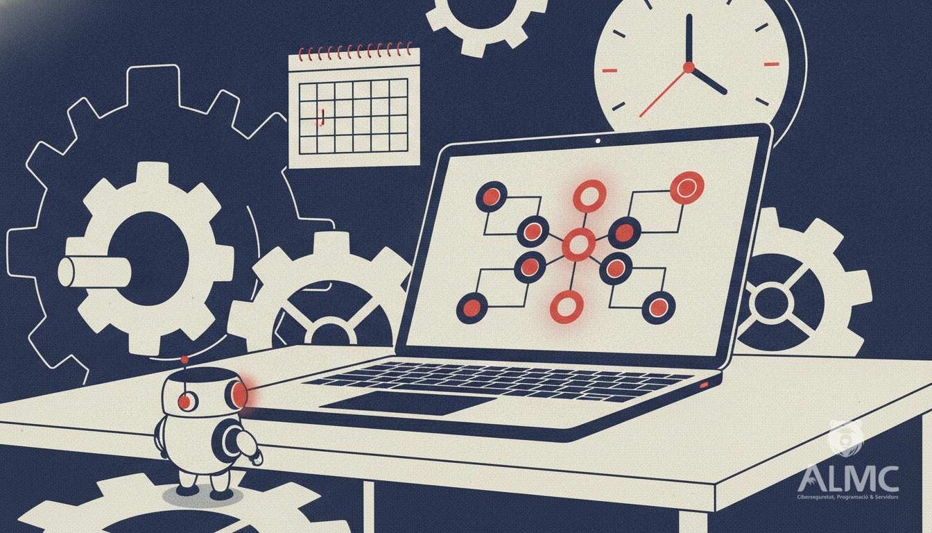 Workflow automation concept with laptop and connected nodes on desk