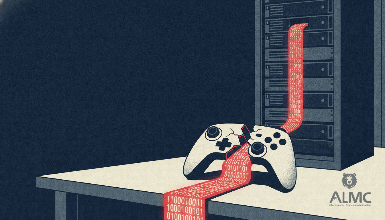 Mando de videojuegos agrietado del que sale un flujo de código hacia un servidor, simbolizando la escalada de privilegios en Windows