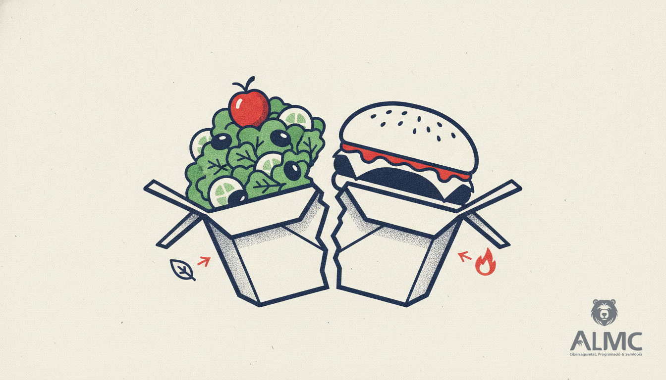 Un envase de comida dividido en dos: una ensalada a un lado y una hamburguesa al otro.