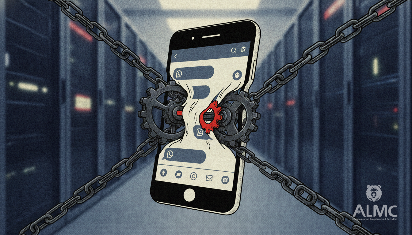 Smartphone con chat de WhatsApp cuyas burbujas se convierten en engranajes y cadenas metálicas.