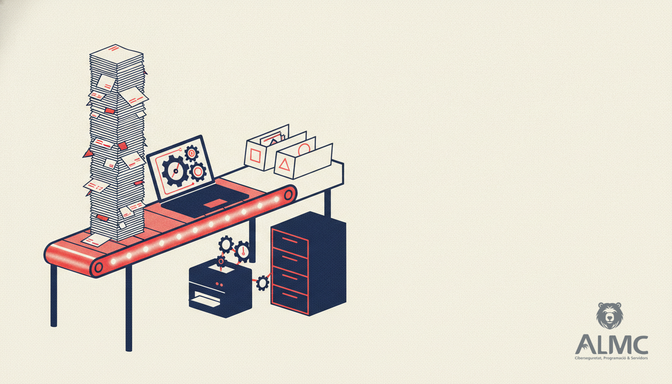 Document workflow automation connecting invoices, a laptop and office tools in a small business