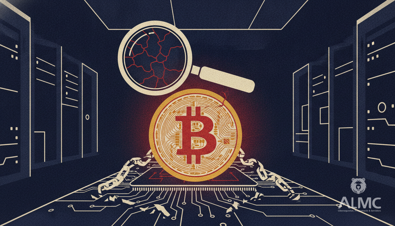 Bitcoin coin on circuit board with magnifying glass revealing cracks
