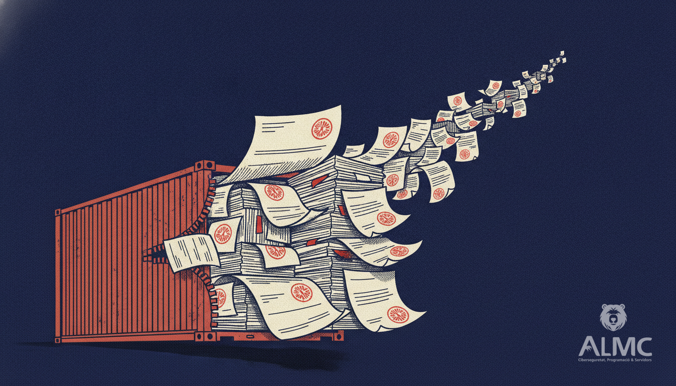 Un contenedor marítimo que se transforma en una pila ordenada de documentos de exportación sellados.