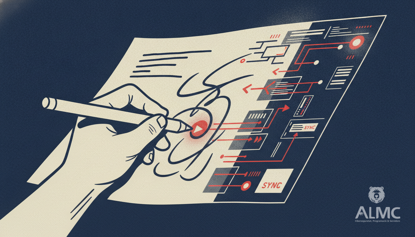Mano escribiendo en papel que se transforma en pantalla digital con datos.