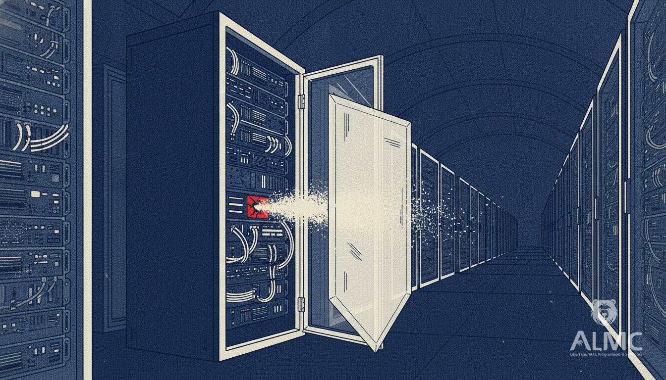 Server rack with a cracked port leaking glowing particles stopped by a protective shield panel