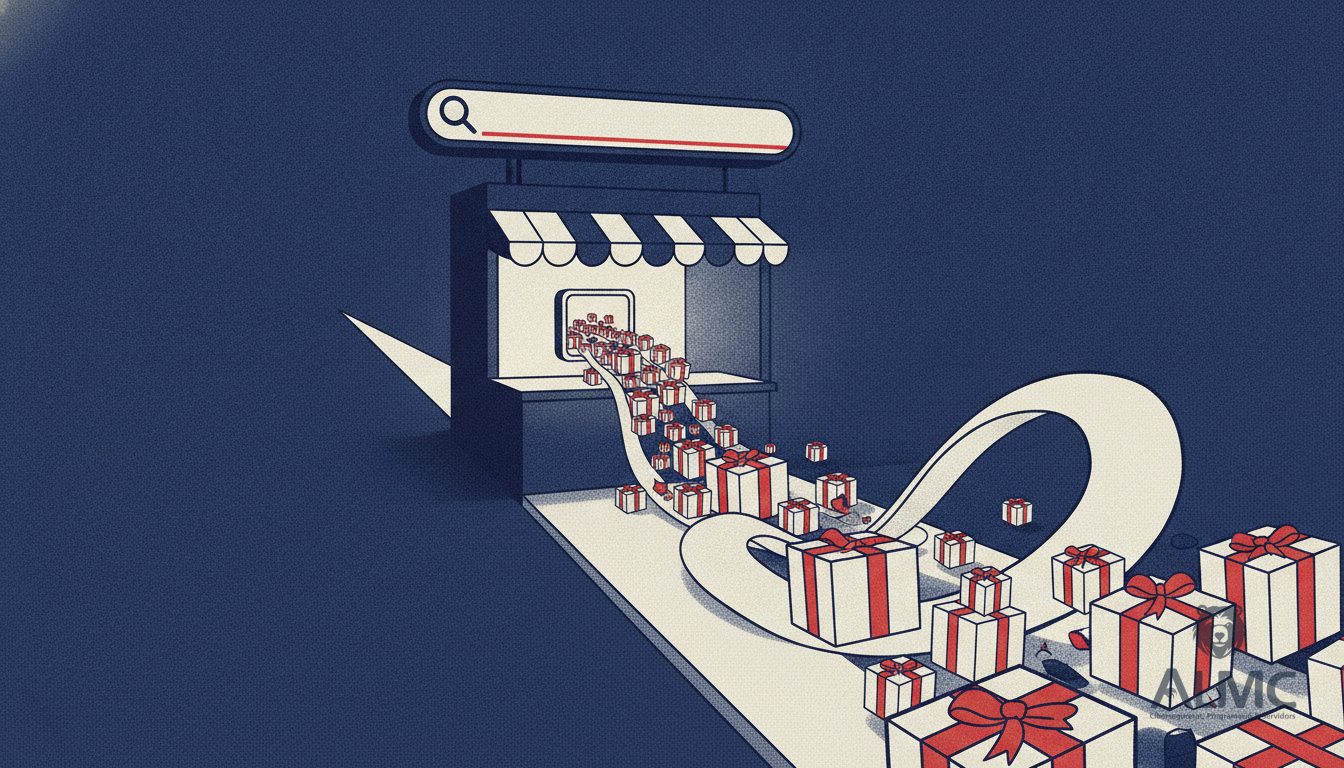 Independent shop counter with parcels flowing out into the street beneath a floating search bar