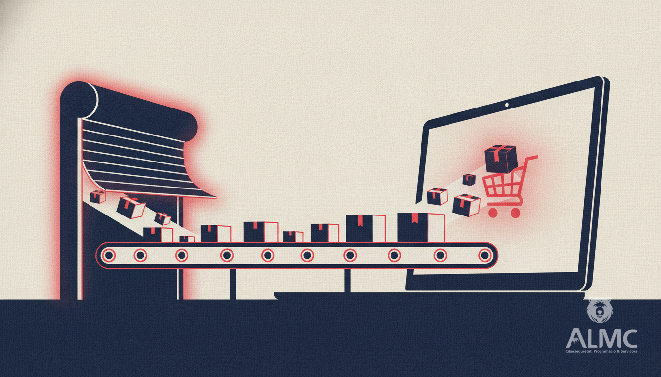 A shop shutter opening to a conveyor of parcels leading to a laptop, symbolising the fusion of physical and online retail.
