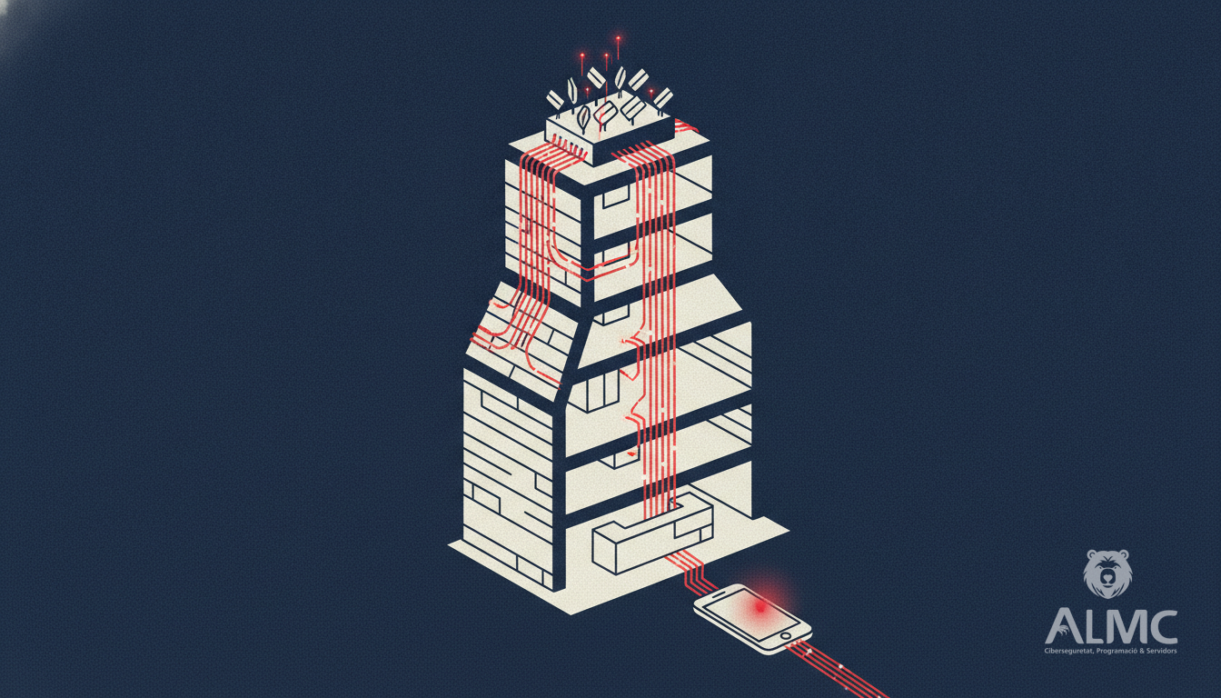 Cutaway of a smart office building where sensor data flows through cables into a smartphone on the reception desk