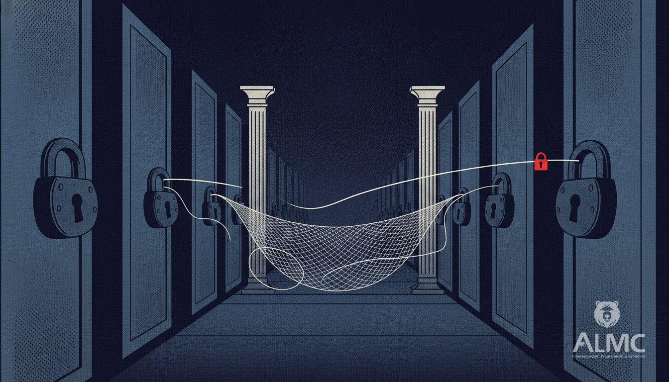 Server racks with padlocks and a glowing net catching a thread of light, illustrating layered server protection