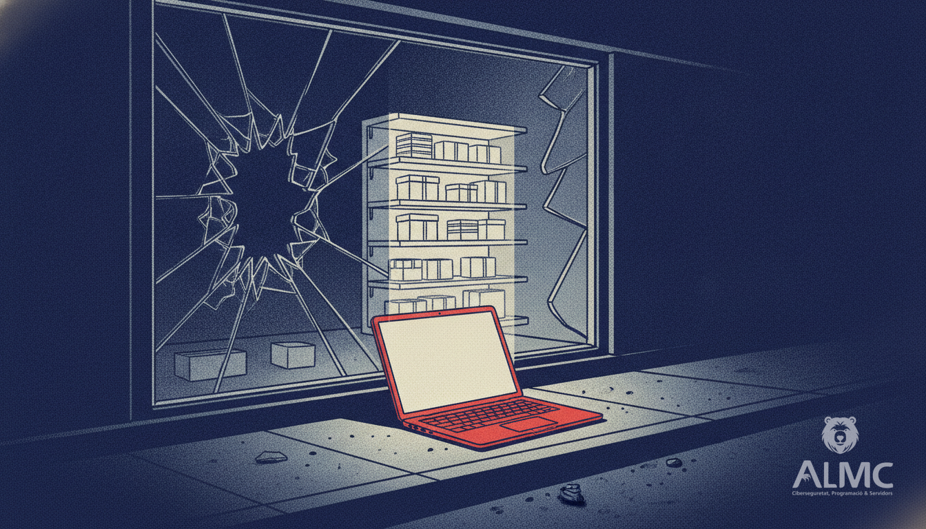 Broken shop window beside a laptop showing an online store as a digital backup for a physical retailer