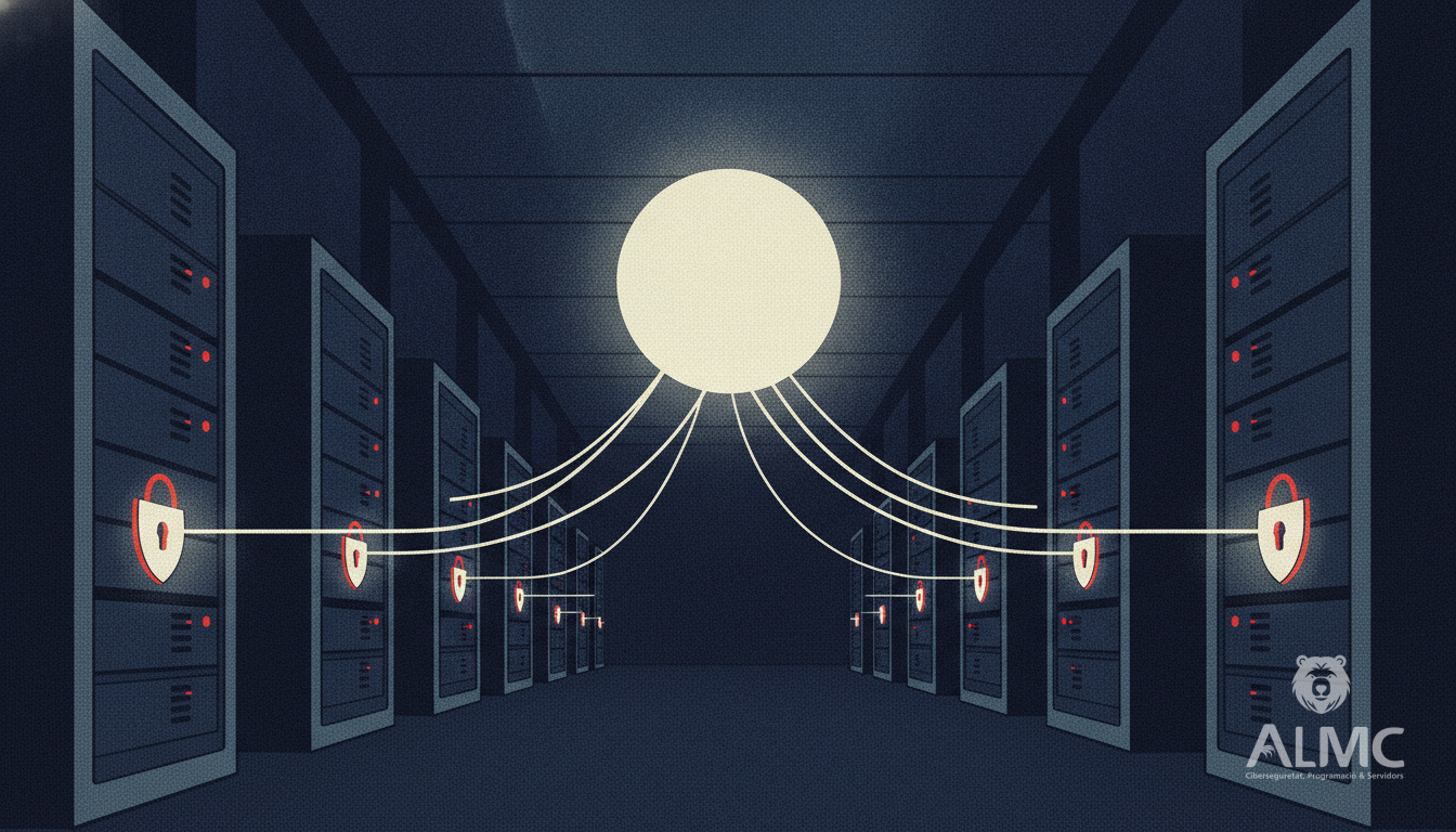 Server racks with linked shield locks connected to a central hub, illustrating centralised abuse protection across a fleet