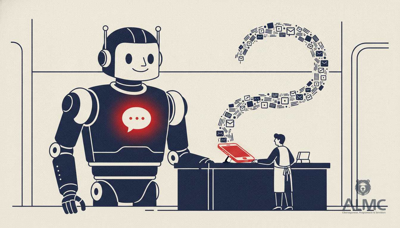 Robot assistant and business owner with customer messages on smartphone