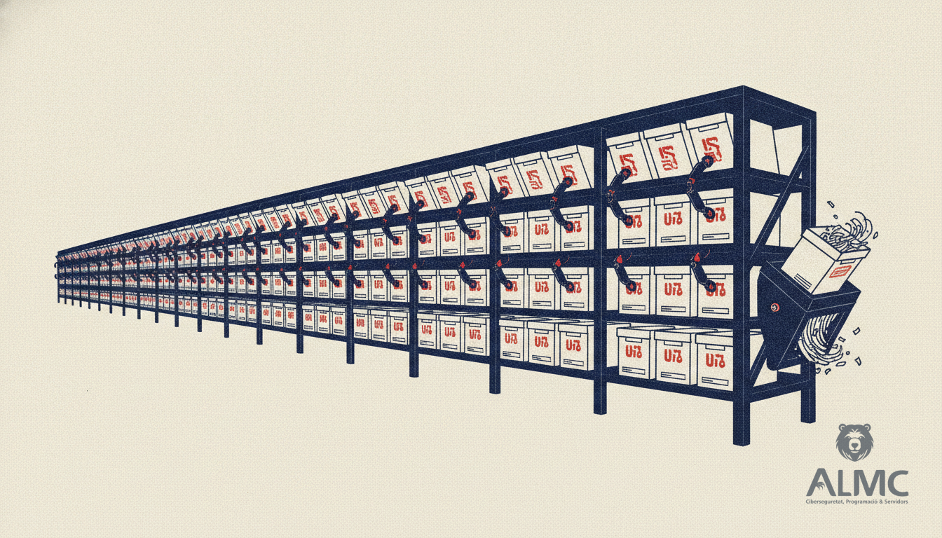 Archive boxes on shelving, each being date-stamped and one fed into a shredder for scheduled destruction