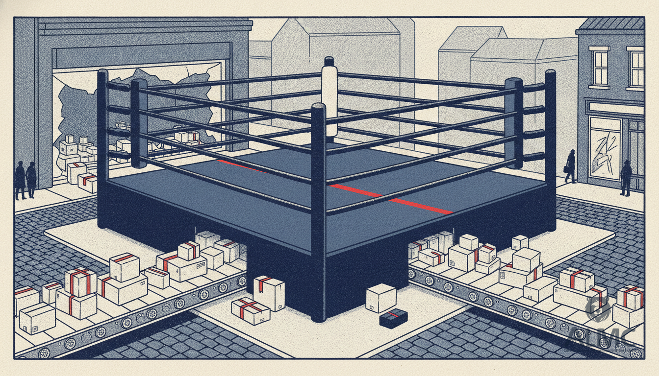 Ring de boxeo dentro de una tienda con cajas y paquetes saliendo hacia la calle