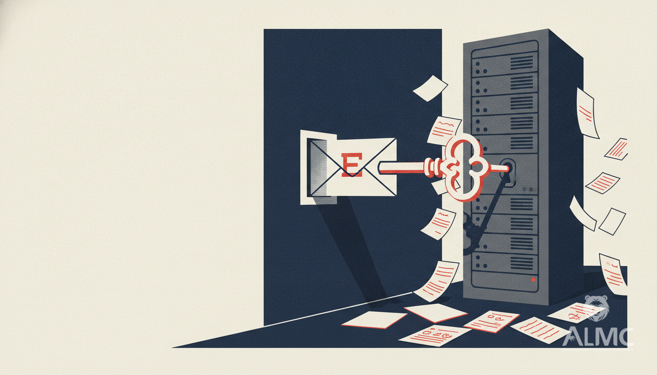 An email envelope turning into a key that unlocks a server rack door, illustrating a path traversal flaw in an email gateway