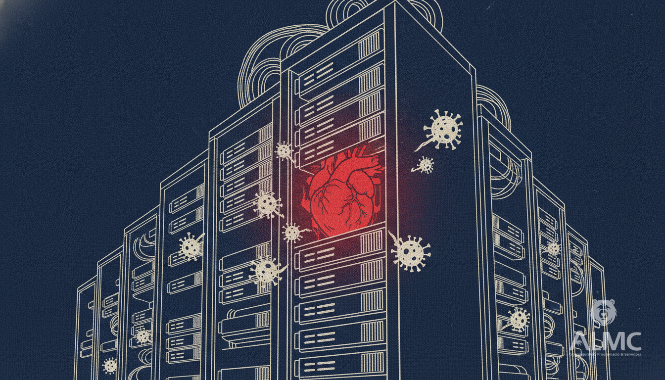 Server rack with one glowing red server indicating vulnerability