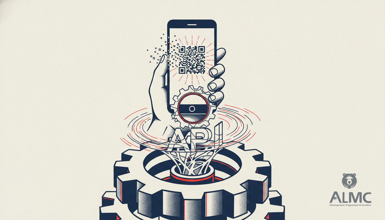 Mano con móvil mostrando un código QR que se transforma en un engranaje metálico.