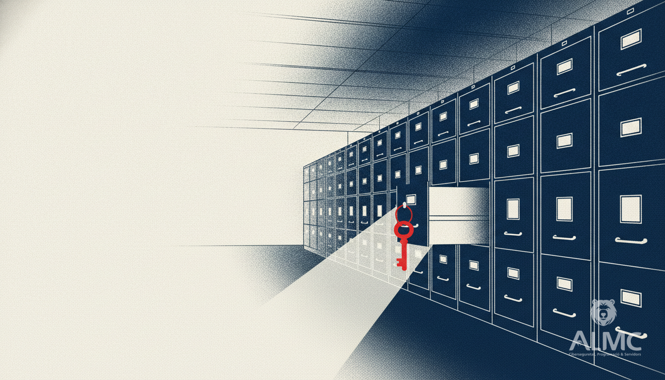 Filing cabinet drawer left ajar in a server room, illustrating exposed sensitive data in Strapi