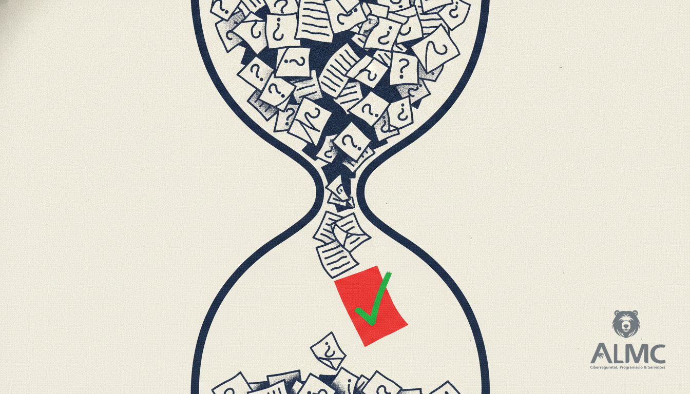 Reloj de arena con hojas de papel con interrogaciones que caen y una con marca verde.