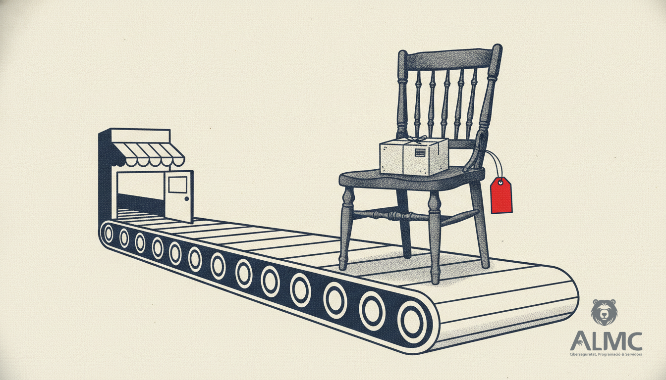 A second-hand chair travelling along a conveyor belt towards a shop doorway, representing resale in ecommerce