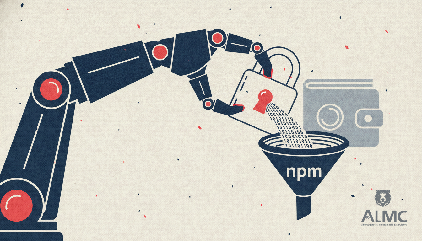 Robotic arm unlocking a padlock over a stream of code representing a supply chain attack
