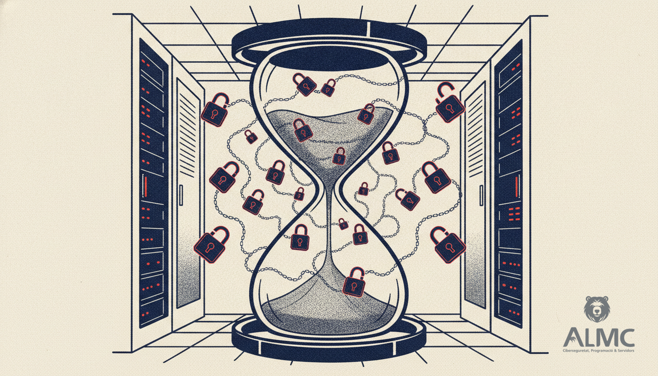 Hourglass on server rack with padlocks representing time-based security