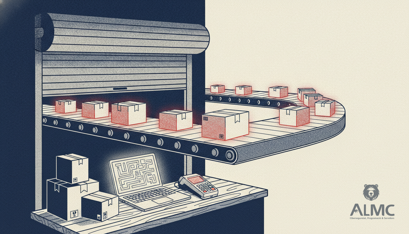 Small shop shutter opening onto a conveyor of parcels heading towards an online store screen