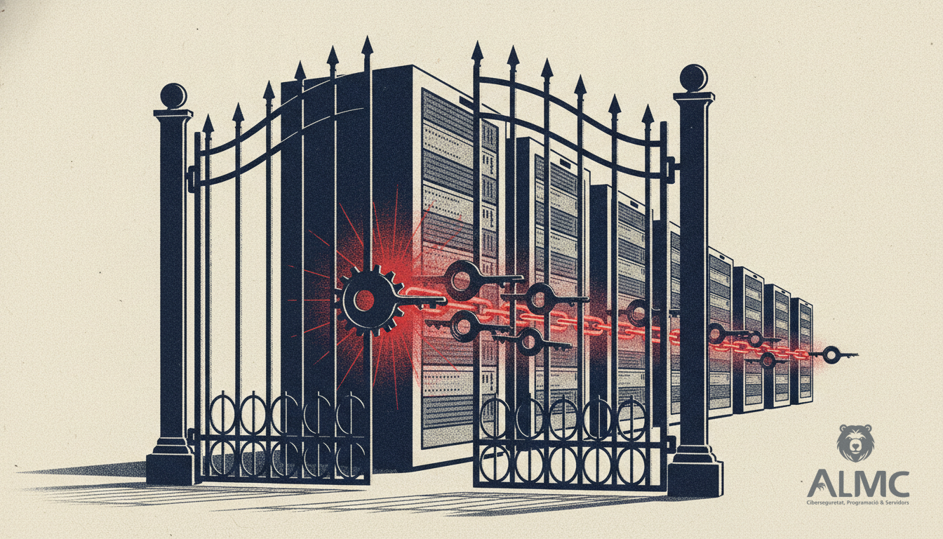 Illustration of a shared barrier protecting several server racks from a swarm of malicious intrusion attempts