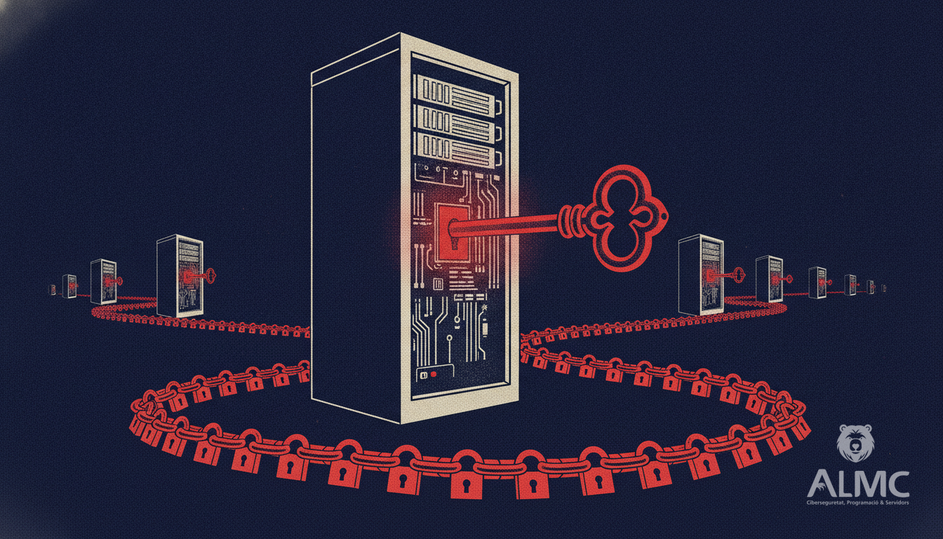 A server rack with a red key and a chain of padlocks linking to other servers, symbolising centralised server protection.