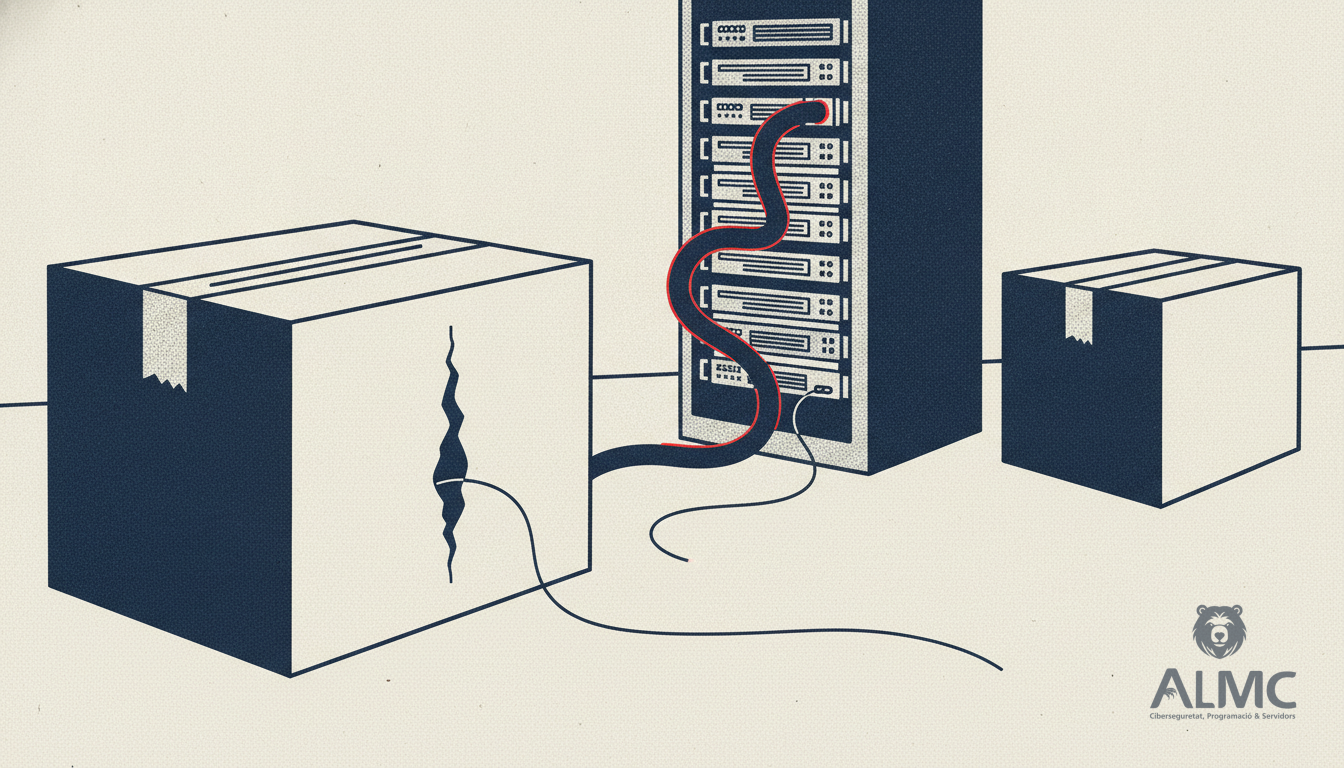 A tampered software package leaking a dark thread towards a server rack, next to a clean replacement package