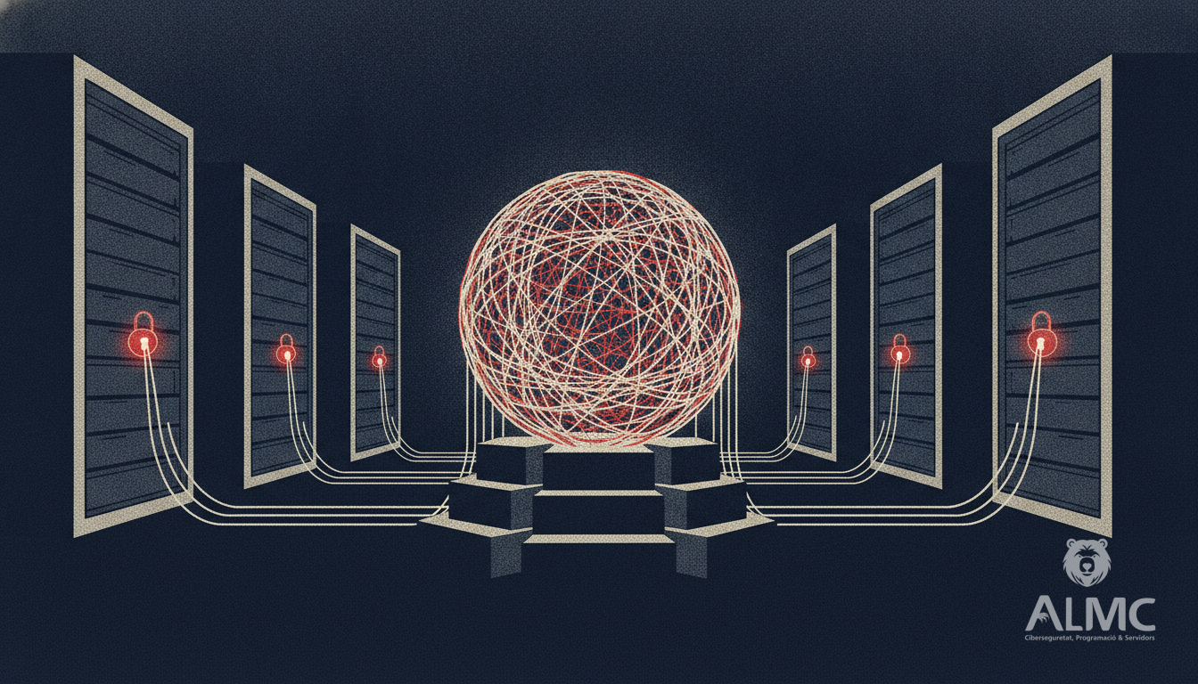 Server racks linked to a central hub, illustrating shared malicious IP blocking across machines