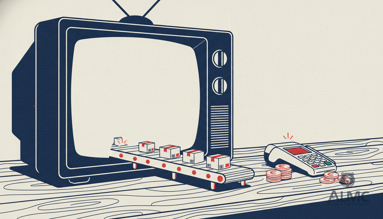 Parcels rolling out of a television screen onto a shop counter, illustrating programmatic advertising feeding an online shop